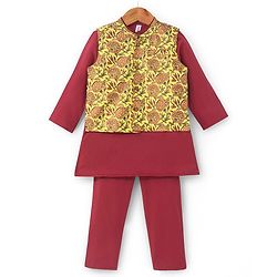 Babyhug Cotton Woven Full Sleeves Solid Kurta & Pajama Set with Floral Print Jacket - Red & Yellow - Image 22