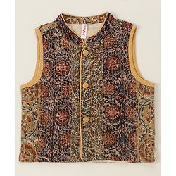 Babyhug Cotton Woven Full Sleeves Solid Kurta & Pajama Set with Waist Coat Floral Print- Mustard Yellow - Image 6