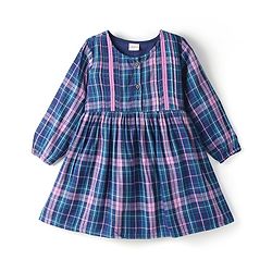 Babyhug Cotton Woven Full Sleeves Yard Dyed Checkered Frock - Blue - Image 5