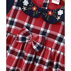 Babyhug Full Sleeves Cotton Woven Checked Frock with Bow Applique & Floral Embroidery - Red & Navy - Image 3