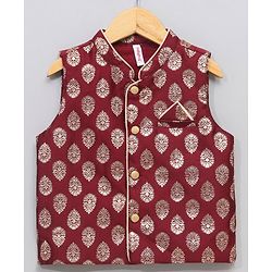 Babyhug Full Sleeves Kurta & Dhoti With Jacket Embroidery Detailing - Cream Maroon - Image 4