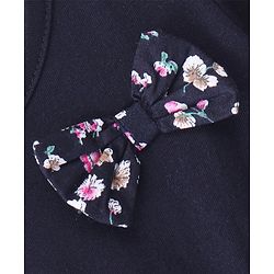 Babyhug Half Sleeves Knit Floral Print Dress with Woven Hem & Bow Applique - Navy Blue - Image 3