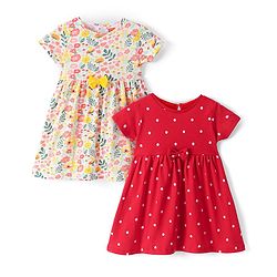 Babyhug Knit Half Sleeves Floral Printed Frocks Pack of 2 - Red & White - Image 8