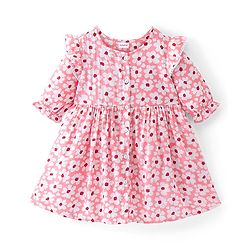 Babyhug Rayon Woven Full Sleeves Floral Printed Frock with Frill Detailing - Pink - Image 5