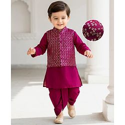 Babyhug Rayon Woven Full Sleeves Solid Kurta Dhoti Set with Sequenced Nehru Jacket - Magenta Pink - Image 21