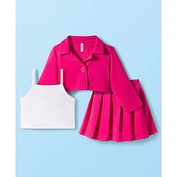 Babyhug Scuba Woven Full Sleeves Solid Jacket & Skirt With Inner Top - Dark Pink - Image 11
