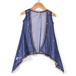 Babyhug Sleeveless Foil Printed Long Ethnic Dress with Embroidered Net Jacket - Navy - Image 3