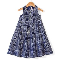 Babyhug Sleeveless Foil Printed Long Ethnic Dress with Embroidered Net Jacket - Navy - Image 4