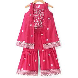 Babyhug Sleeveless  Top With Sharara & Floral Embroidered Jacket Set - Pink - Image 9