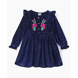 Babyhug Woven Full Sleeves Frock Floral Embroidery - Navy Blue - Image 3