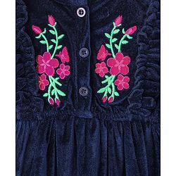 Babyhug Woven Full Sleeves Frock Floral Embroidery - Navy Blue - Image 5
