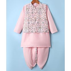 Babyhug Woven Full Sleeves Kurta Dhoti Set with Floral Embroidered Waistcoat - Pink - Image 10
