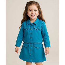 Babyhug Woven Full Sleeves Solid Colour Party Collared Top & Skirt Set with Pockets - Teal Blue - Image 15