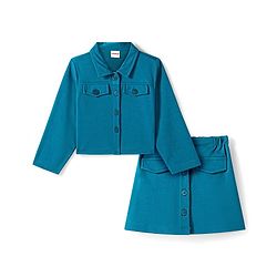 Babyhug Woven Full Sleeves Solid Colour Party Collared Top & Skirt Set with Pockets - Teal Blue - Image 16