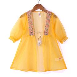 Babyhug Woven Sequinned Floral Embroidered Frock with Three Fourth Sleeves Net Jacket -Yellow - Image 11