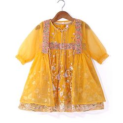 Babyhug Woven Sequinned Floral Embroidered Frock with Three Fourth Sleeves Net Jacket -Yellow - Image 8