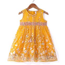 Babyhug Woven Sequinned Floral Embroidered Frock with Three Fourth Sleeves Net Jacket -Yellow - Image 9