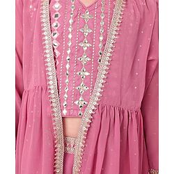 Babyhug Woven Three Fourth Sleeves Embroidered Top & Palazzo Set with Shrug Foil Embroidery - Rose Gold - Image 4