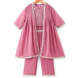 Babyhug Woven Three Fourth Sleeves Embroidered Top & Palazzo Set with Shrug Foil Embroidery - Rose Gold - Image 5