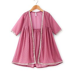 Babyhug Woven Three Fourth Sleeves Embroidered Top & Palazzo Set with Shrug Foil Embroidery - Rose Gold - Image 8