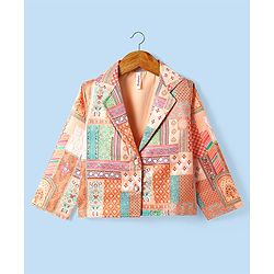 Babyhug Woven Top with Three Fourth Sleeves Printed Jacket & Palazzo - Peach - Image 3