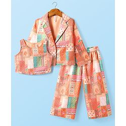 Babyhug Woven Top with Three Fourth Sleeves Printed Jacket & Palazzo - Peach - Image 9
